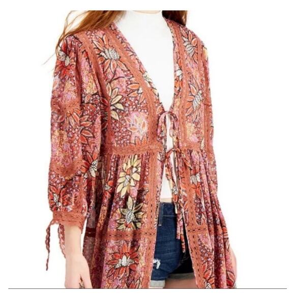 Free People Maxi Kimono Sheer Floral Rose Combo Robe Duster Cover-Up Sz M/L Boho - Picture 8 of 16